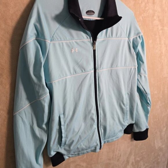 Under Armour Full Zip Jacket Womens Medium Light Blue Black Trim Stretch 204 - Picture 3 of 8